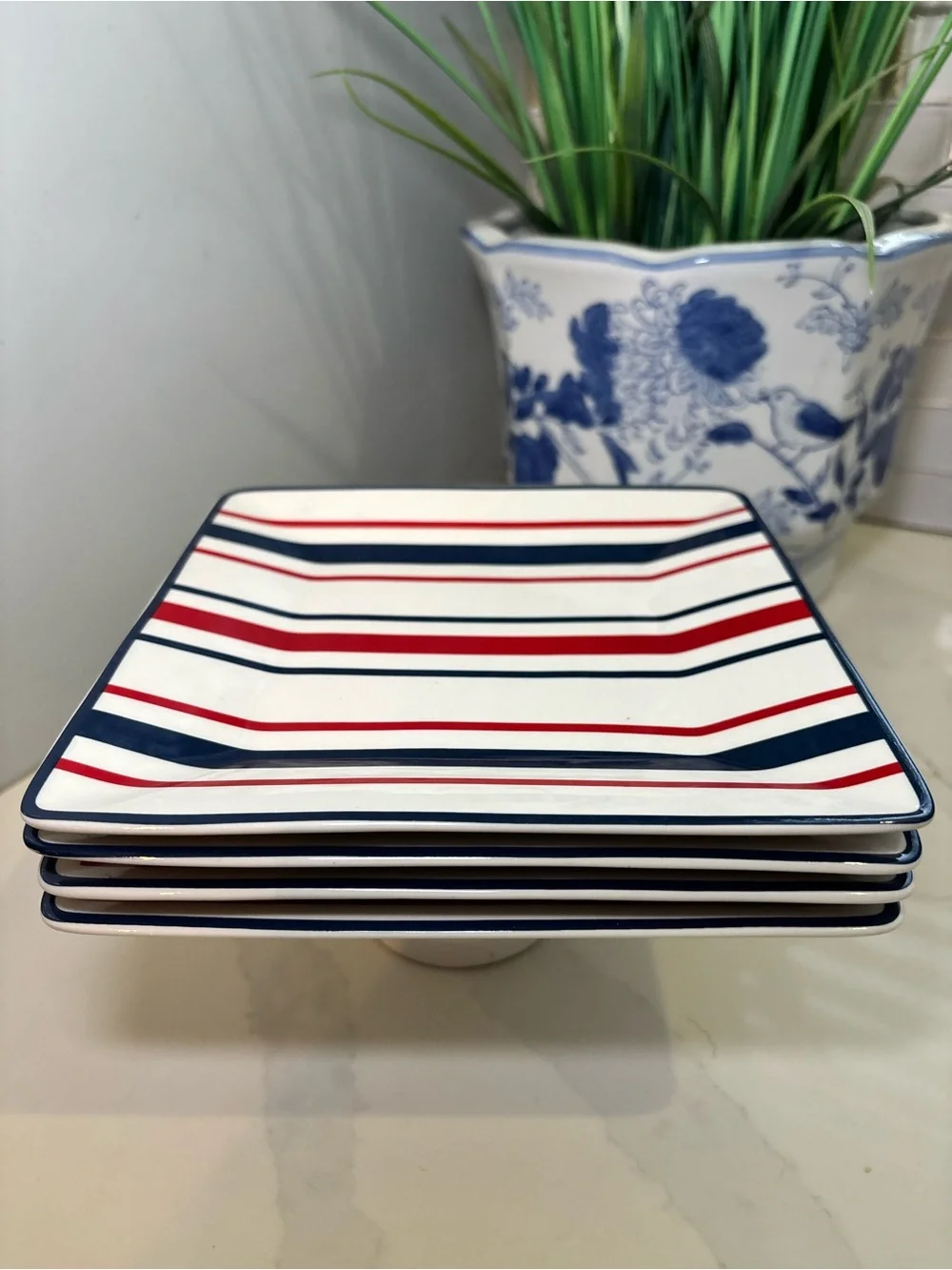 Tommy Hilfiger Square Appetizer 4 Plate Set Red White Blue Striped Ceramic 7”